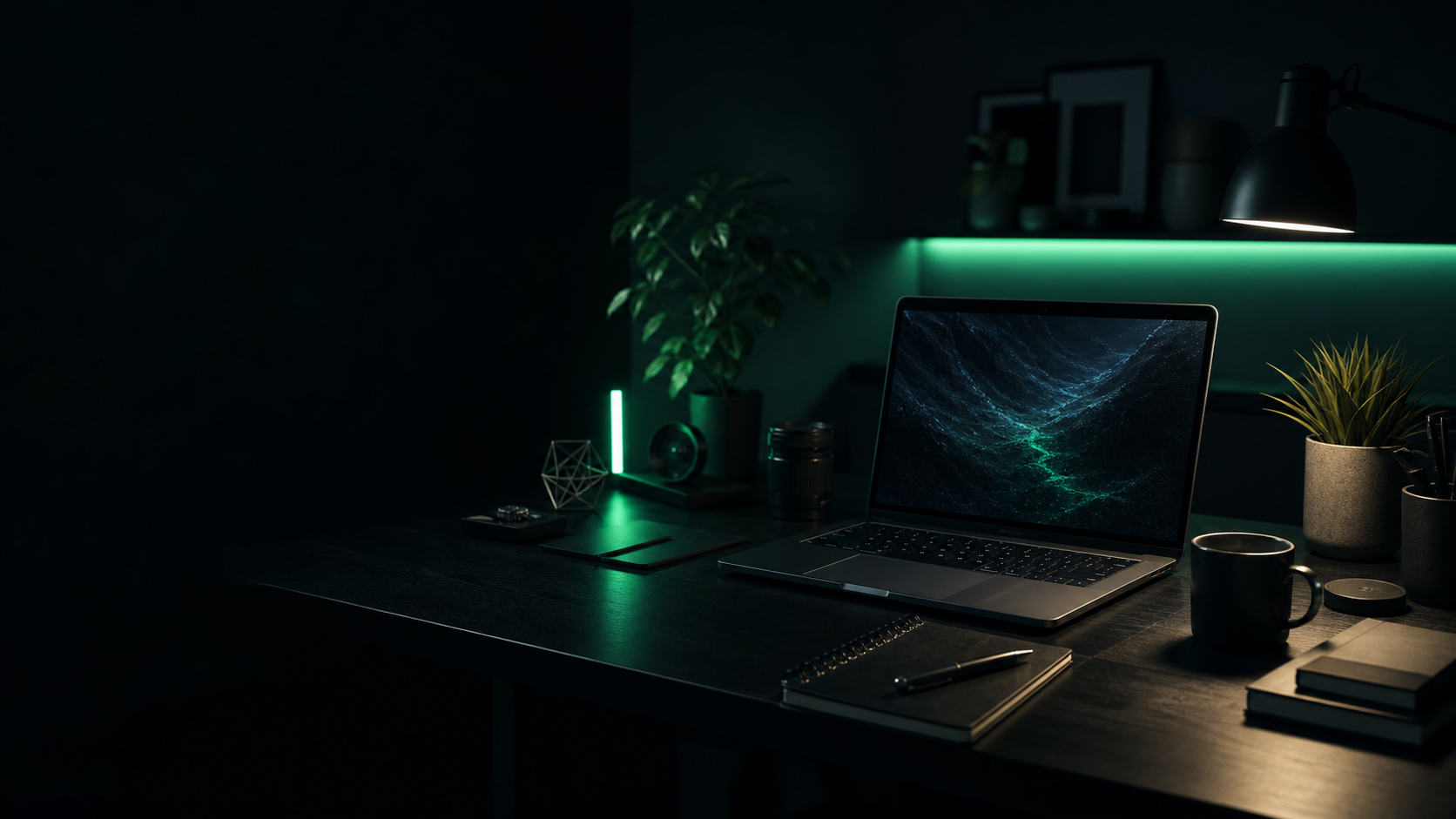 A calm creative desk with a laptop, sketches, notes, and design materials.